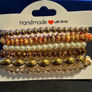 ✨ Handmade Gold & Caramel Toned Beaded Bracelet Set – Elegant Boho Stack ✨